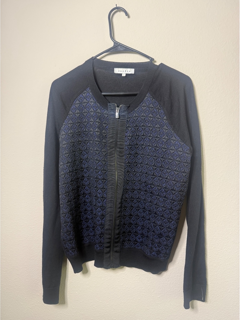 Sandro Women's Black and Navy Quilted Zip-Up Cardigan Sweater Size S